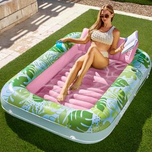 SLOOSH Inflatable Tanning Pool Lounger Float, 70" x 46" Pool Floats Adult with Pillow, 4 in 1 Suntan Tub Raft Floatie,Sunbathing Bed Lounge for Water Blow Up Kids Ball Pit Party Gifts, L-Cyan Pink
