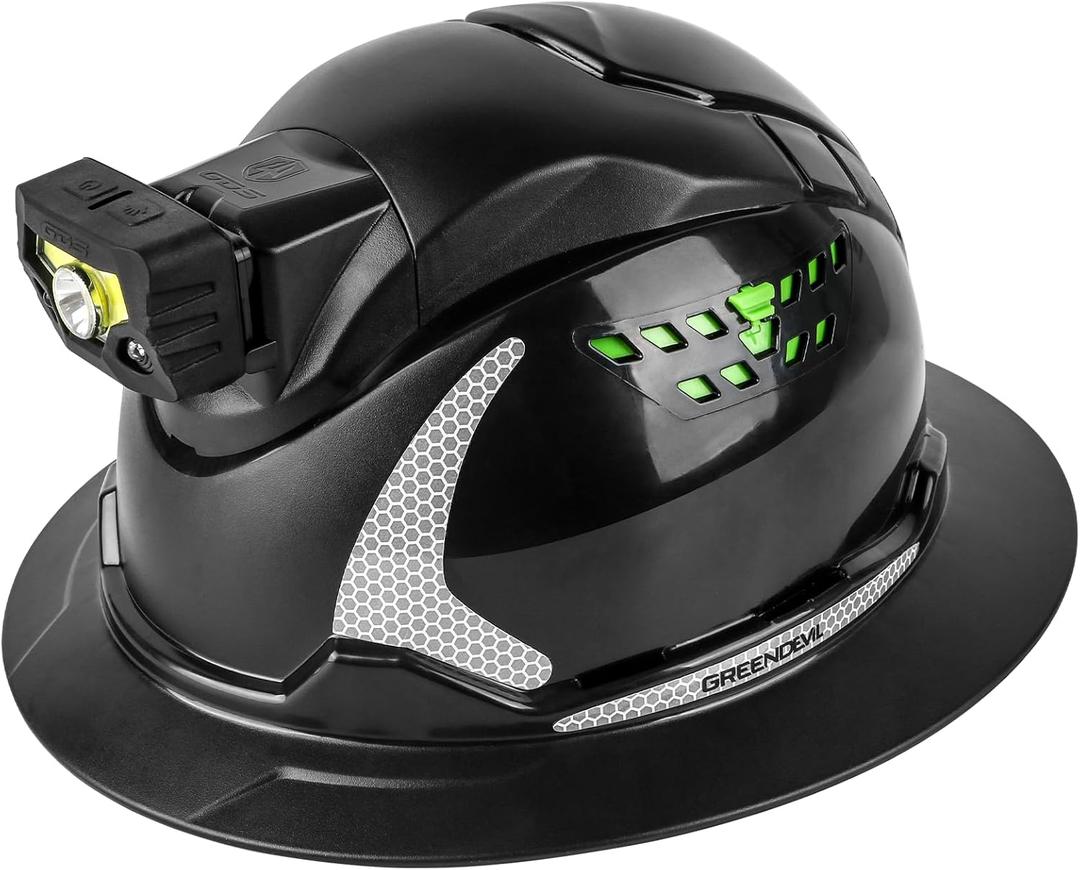 GREEN DEVIL Matrix Full Brim Hard Hat with Headlight Vented Construction Safety Helmet OSHA Approved Cascos De Construccion Work Hardhat for Men&Women (Black)