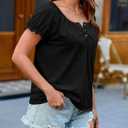 Womens Short Sleeve Shirts Puff Ruffle Sleeve Scoop Neck Pleated Henley Tops Summer Casual Loose Fit T-Shirts (Black, XL)
