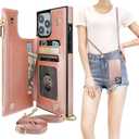 Bocasal Crossbody Wallet Case for iPhone 14 Pro Max with RFID Blocking Card Slot Holder, Magnetic Flip Folio Purse Case, PU Leather Zipper Handbag with Detachable Lanyard Strap 6.7 Inch 5G (Rose Gold)