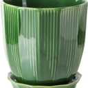 ADN Ceramic Planter - Large Plant Pot Geometric Design Flower Pot with Drainage Hole and Saucer for Outdoor Indoor Plants (Green, 8 in)