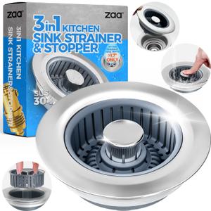 Upgraded 3in1 Kitchen Sink Drain Strainer & Sink Stopper, Stainless Steel Kitchen Drain Plug & Sink Installation Parts with Anti-Clogging Basket, Fit US Standard 3-1/2'' Sink Drain Hole, Silver