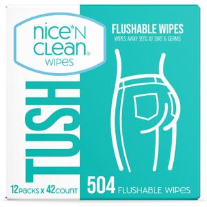 Nice 'N Clean Adult Flushable Wipes (12 x 42 Count) | Personal Cleansing Wipes Made from Plant-Based Fibers | Infused with Aloe & Vitamin E