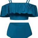 Kaei&Shi High Waisted Flounce Bikini Set,Tummy Control Swimsuits for Women,Off Shoulder L, Peacock Blue