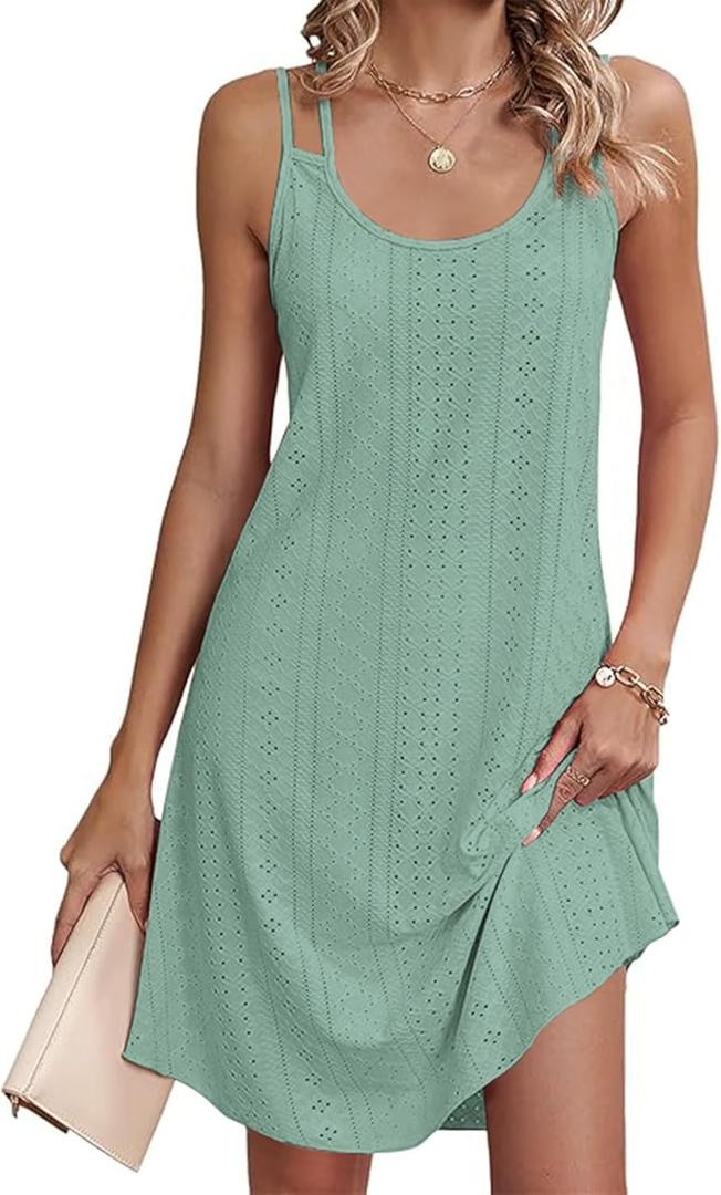 AI'MAGE Women's Swimsuit Cover Up Spaghetti Strap Eyelet Bathing Suit Cover Ups Sleeveless Beach Cover Up Dress, Light Green, 3XLarge