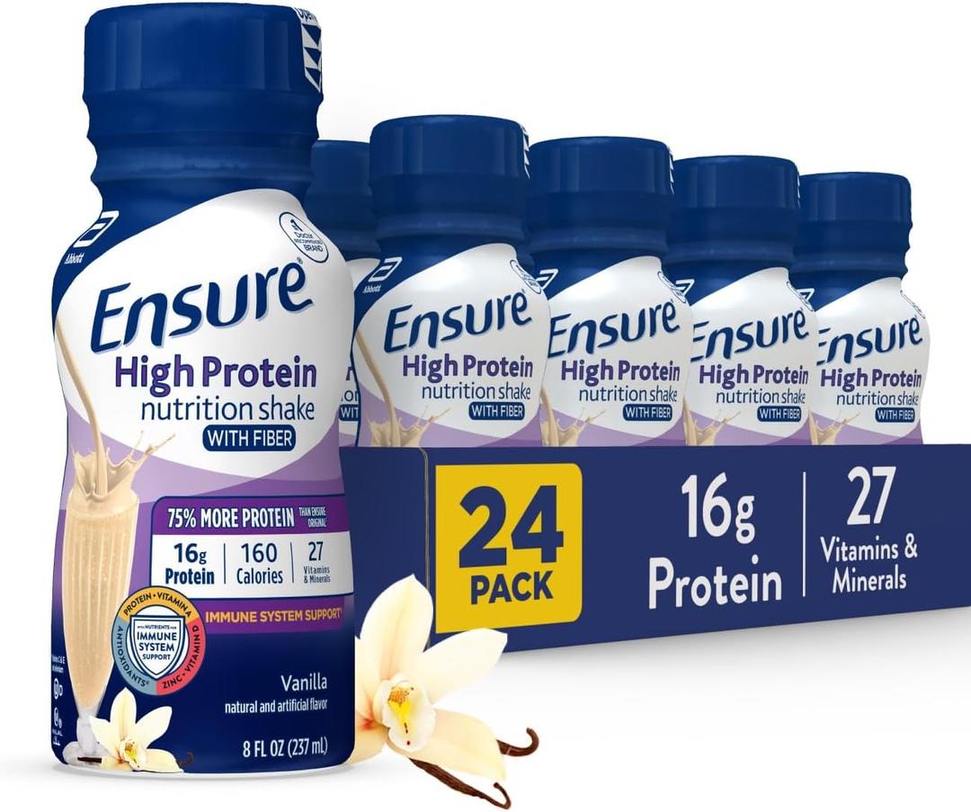 Ensure High Protein Vanilla Nutrition Shake with Fiber, Ready to Drink, 16g Protein and 27 Vitamins and Minerals, 8 fl oz, 24 Pack, Best Before: 1/AUG/2025