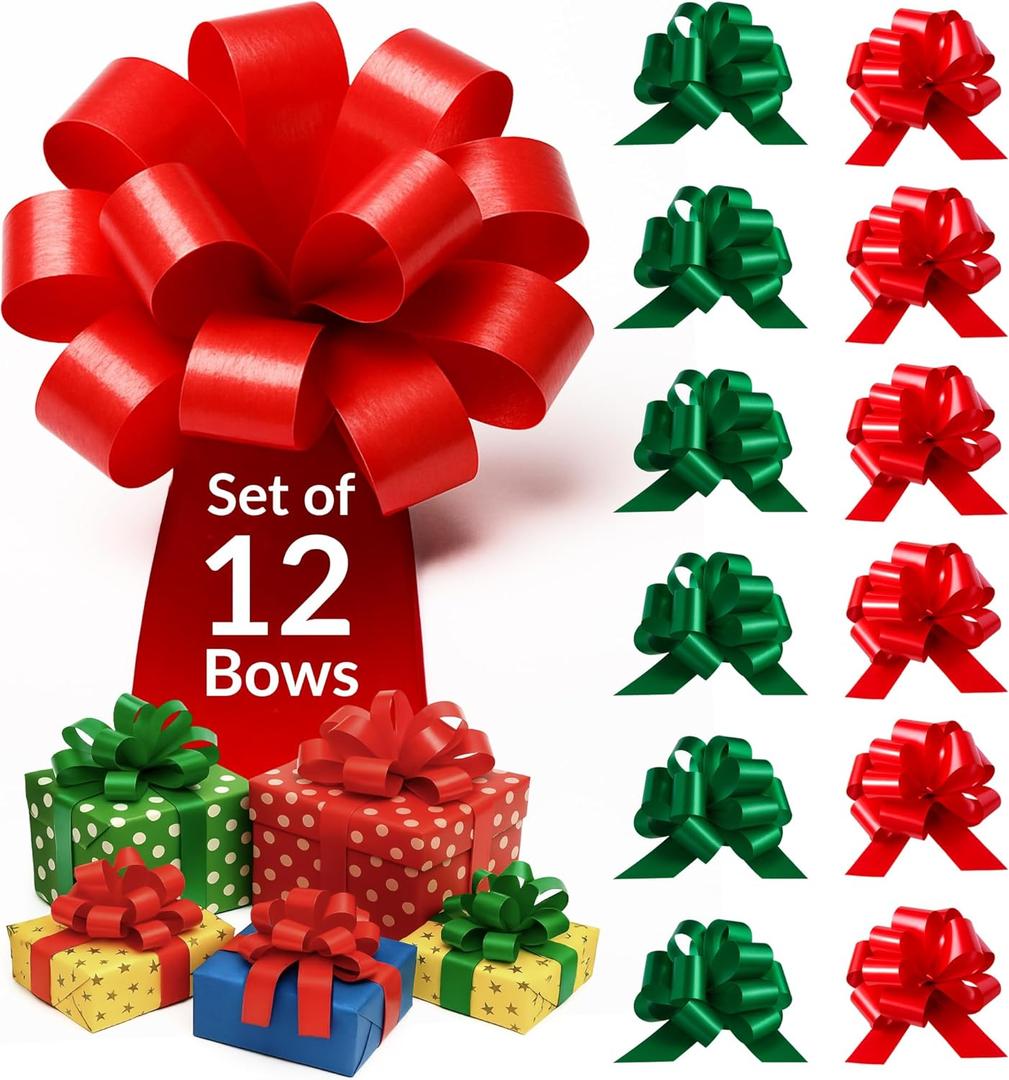 Eye-Catching Xmas Pull Bows for Easy Gift Wrapping with Ribbon - 5" Wide Wrap Bows for Christmas Tree Decoration, Holiday Dcor, Present Wrapping, Baskets, Birthday, Easter - 6 Green and 6 Red Bows (12 pcs, 5in)