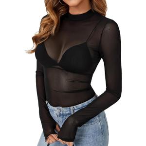 KIFOVEN Women’s Sheer Mesh Top Long Sleeve Mock Neck See Through Sexy Bodycon T Shirt Blouse Clubwear Black Large
