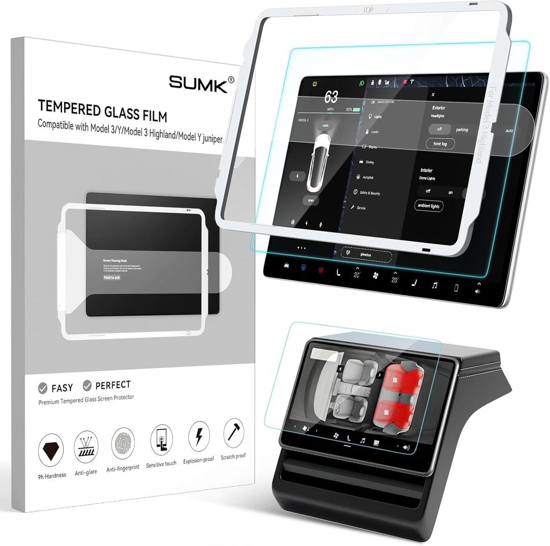 SUMK Tempered Glass Screen Protector for Tesla Model Y Juniper Accessories 2026 & for Tesla Model 3 Highland Accessories 2024 2025 [HD & 9H Anti-scratch] - 2pcs [Glossy]