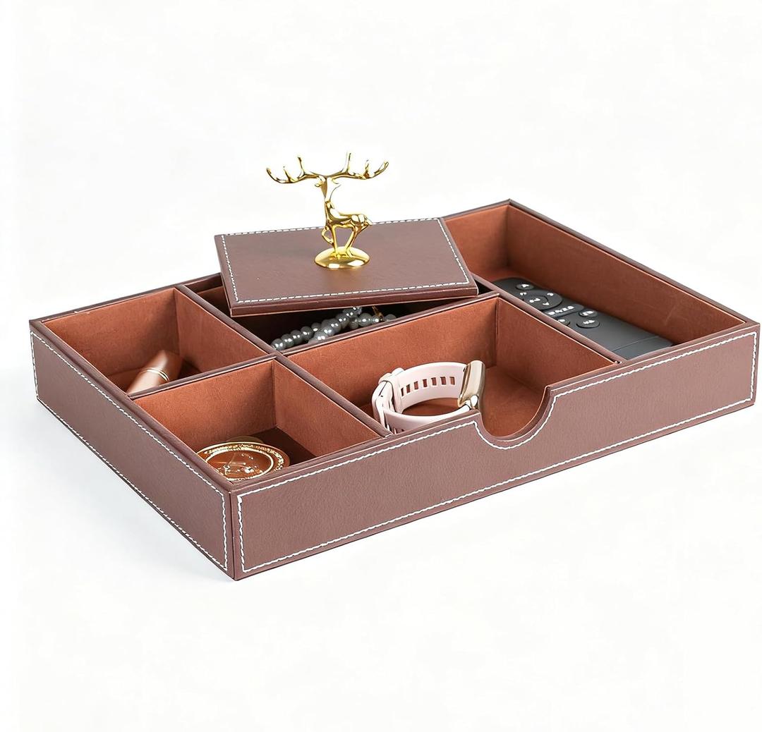 Jewelry Trays Nightstand Organizer, Valet Tray for Men and Women, Tray Organizer,Can hold Mobile phones, watches, cosmetics, keys. Dark Brown Faux Leather, 5 CompartmentCompartment