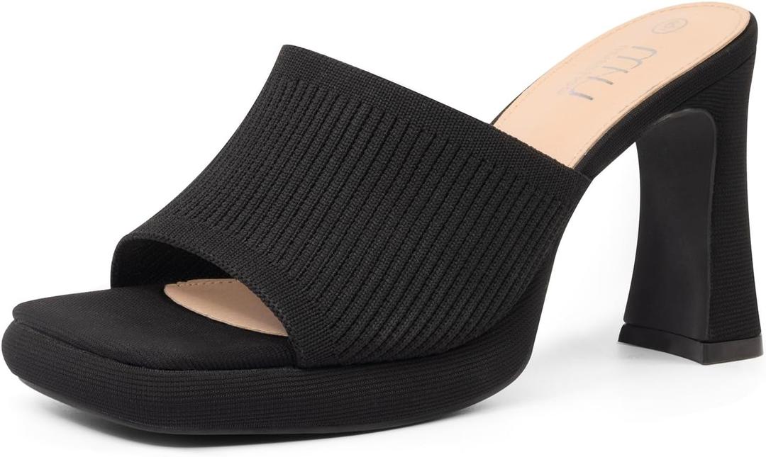 MUSSHOE High Platform Sandals for Women Square Toe Chunky Heel Block Heeled Sandals Slip On Open Toe Comfortable Sandals (6, Black Knit)