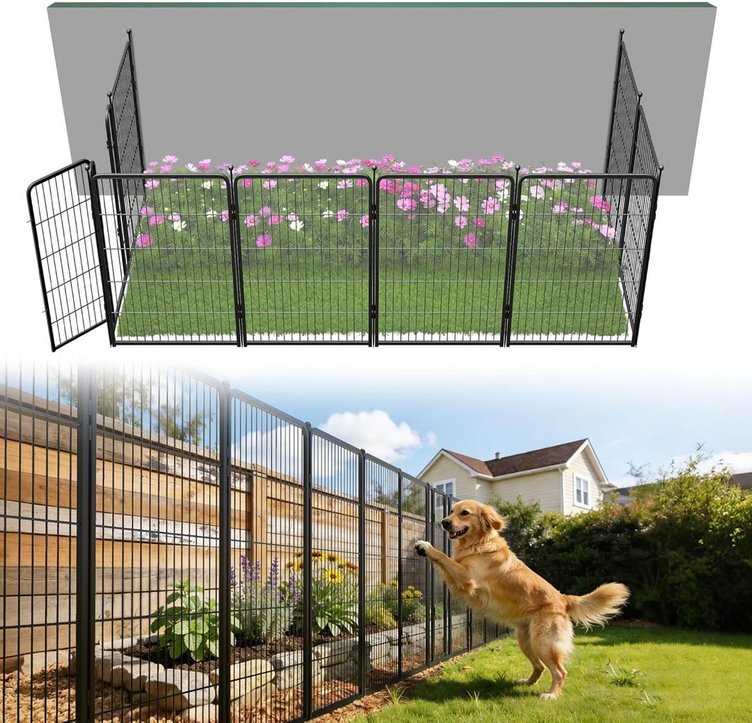 FXW Garden Fence Outdoor for the Yard – 40in(H) x 18.2ft(L) Heavy Duty Metal Animal Barrier for Dog, No Dig Decorative Dog Fence, 8 Panels, Black