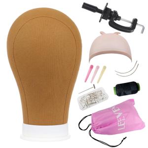 Leeven 21"-24" Canvas Block Head for Wigs Styling & Display - Brown Mannequin Canvas Wig Head With Stand, Wig Cap, T-Pins, C-Needles, C Clamp & Hair Clips