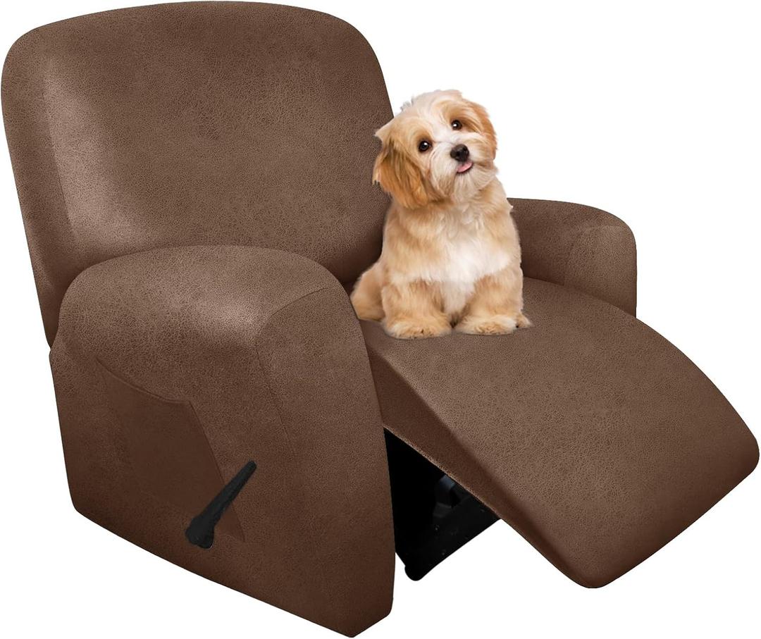 molasofa Leather Like Recliner Chair Covers - Large Lazy Boy Recliner Chair Covers for Reclining Chair 4 Pieces Washable Recliner Slip Covers That Stay in Place (Brown) (1 Seater)