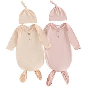 Newborn Knotted Gown 2 Pack Plain Sleeper for Baby Boy Girl Coming Home Outfit 0-3 Months