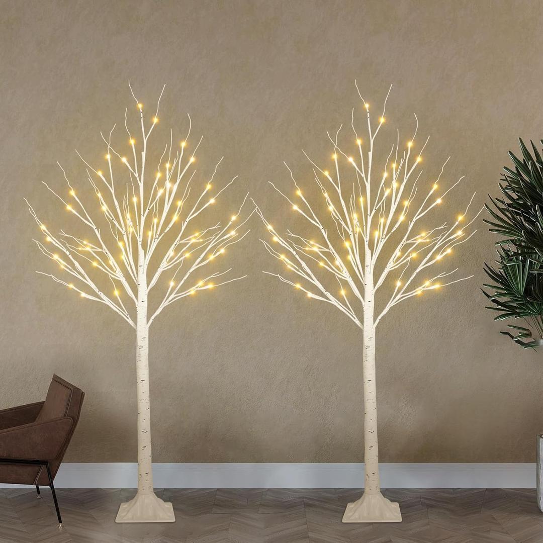 2-Pack 4FT Lighted Birch Tree for Indoor Christmas Decorations Outdoor, Higher Size, Timer Function Birch Christmas Tree with 96 LED Warm White Lights for Home Decor Bedroom Thanksgiving Party Garden