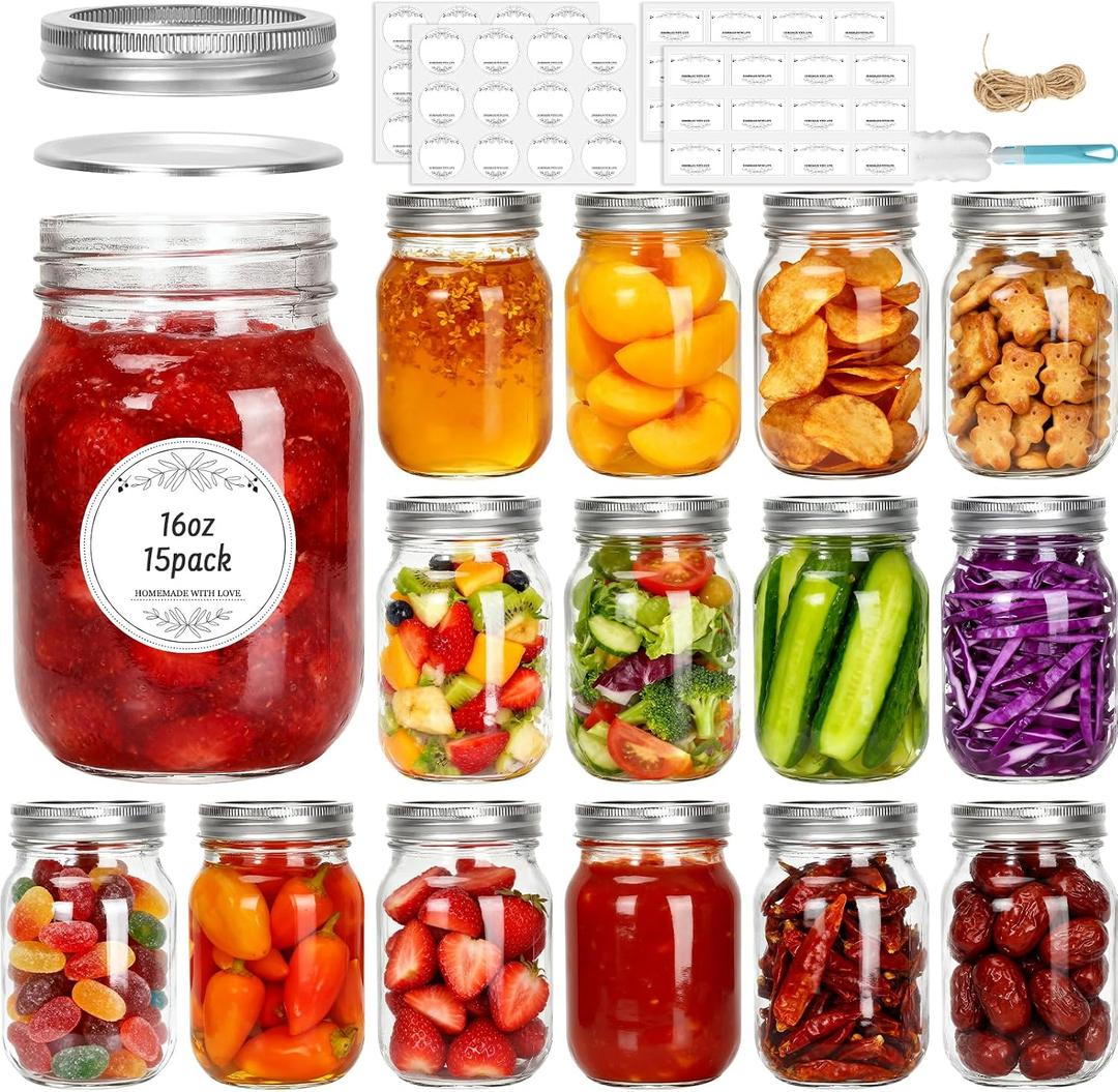 Glass Mason Jars 16 oz with Lids - 15 Pack Regular Mouth Canning Jars,Clear Glass Jars for Food Storage, Canning, Pickling, Dry Goods, Snacks, Candies, and DIY Projects