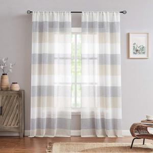 Central Park Gray Tan Stripe Sheer Color Block Window Curtain Panel Linen Window Treatment for Bedroom Living Room Farmhouse 84 inches Long Rod Pocket, 2 Panel Rustic Drapes, 40"x84"x2