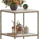 Antique Square End Table with Faux Marble Top, 20" Gold Side Table with 2-Tier Open Storage Shelves, Modern Square Accent Table with Antique Brass Finish for Living Room, Bedroom, 19.69 inches x 19.69 inches x 24.02 inches