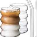 2 Pcs Drinking Glasses With Glass Straw 14 Oz Glassware Set,Cocktail Glasses,Iced Coffee Glasses,Beer Glasses, Ideal for Water, Soda, Tea, Gift - with Cleaning Brushe