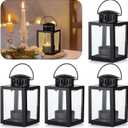 Small Candle Lanterns Decorative Outdoor: 4 Pcs Black Hanging Tea Lights Candle Holder for Table Centerpiece Fireplace Wedding Christmas 3.9" Glass Farmhouse Decor