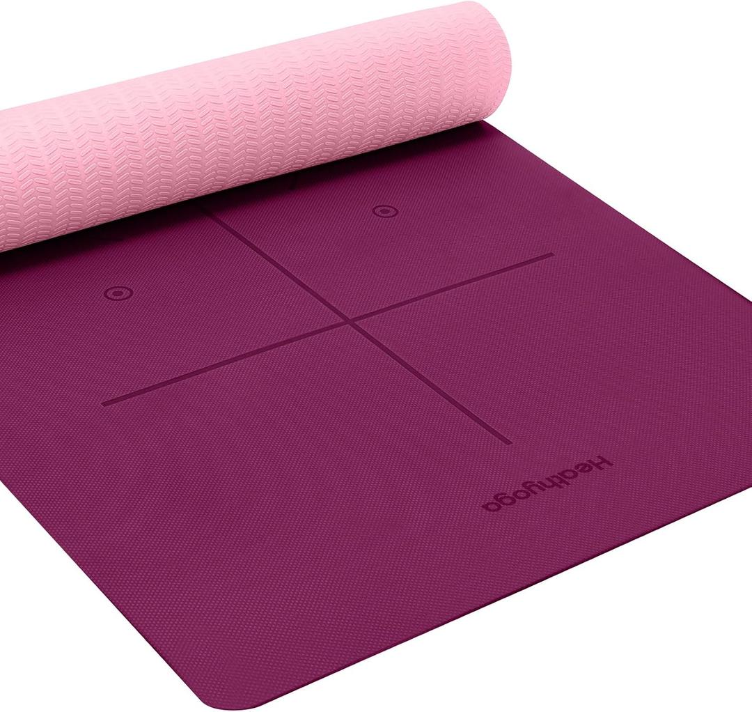 Heathyoga Yoga Mat Non Slip TPE Pilates Exercise Mats for Home Workout Gym Fitness Eco Friendly Thick Hot Yoga Mat with Strap Body Alignment,72"x 26" Thickness 1/4"