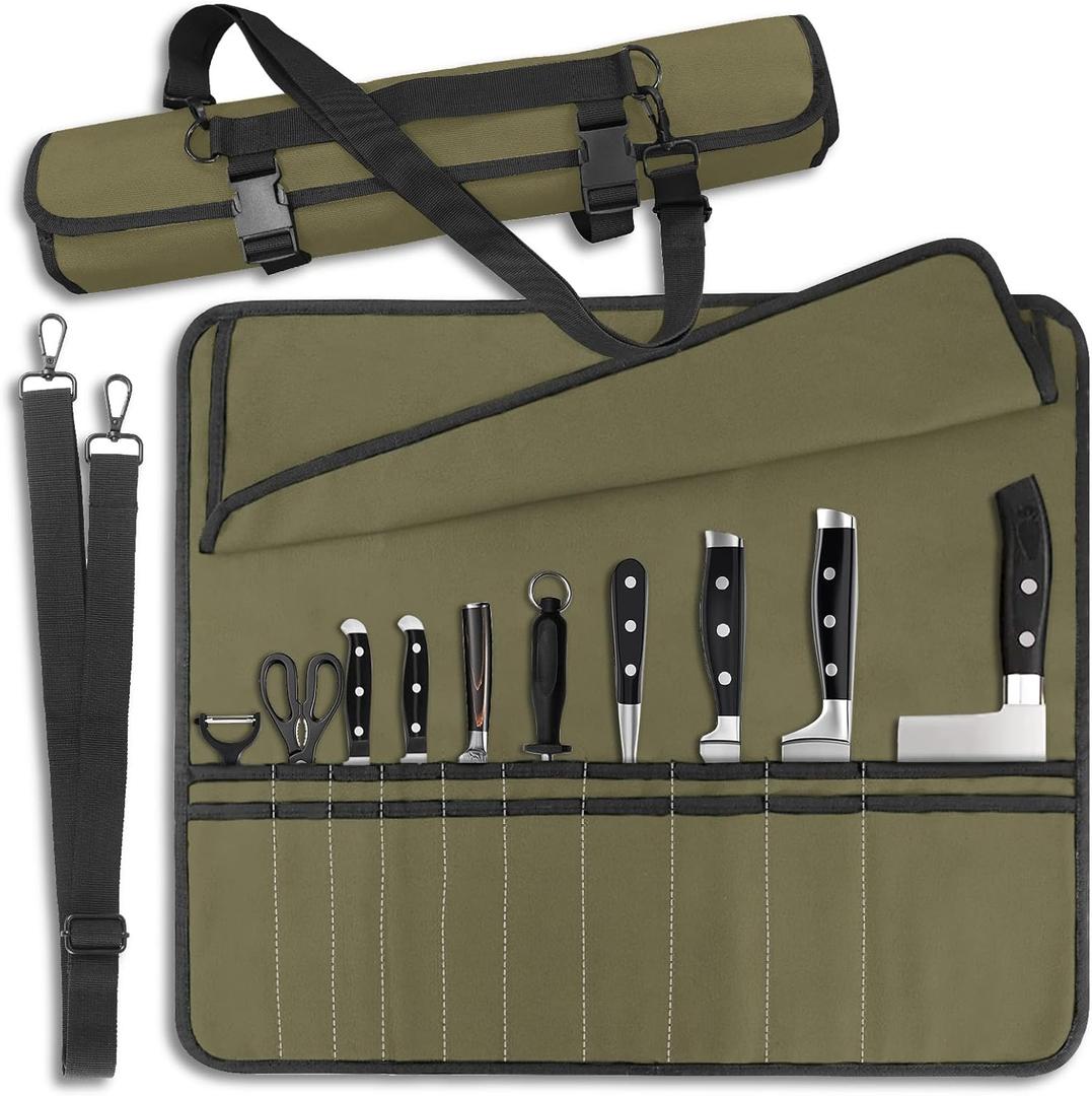 Army Green Chef Knife Bag With 10 Slots Cutlery Knives Holders Protectors, Home Kitchen Travel Cooking Tools, Portable Canvas Knife Roll Storage Bag Chef Case for Camping or Working