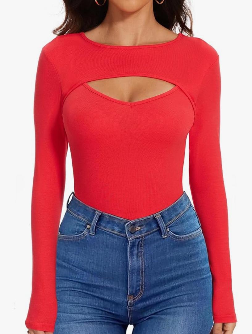 Sexy Cut Out Long Sleeve Tops for Women, Round Neck Ribbed Knit Fitted Tee T-Shirt,Open Chest Design for Going Out Tee, Size L