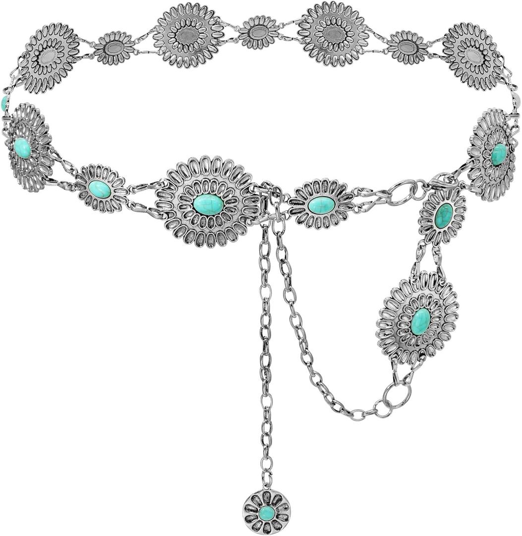 Women's Concho Chain Belt Western Cowgirl Metal Waist Chain Belt for Dress (S: 41.3 in/105 cm)