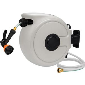 FEVONE 100 FT x 1/2 Retractable Garden Hose Reel, Any Length Lock, Auto Rewind, 180 Swivel Bracket, 7 Pattern Nozzle, Wall Mounted