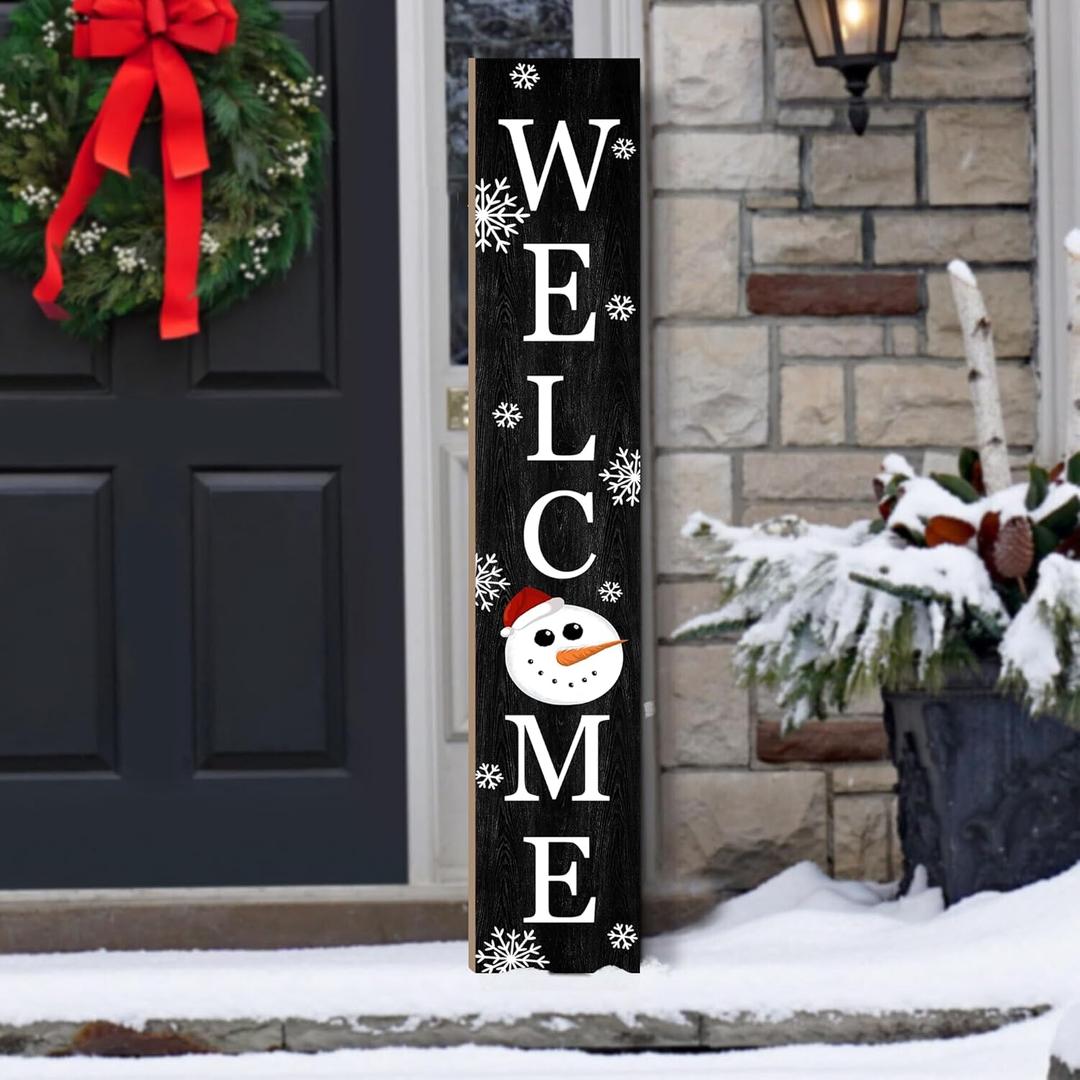 Winter Welcome Sign Vertical Porch Sign with Snowman and Snowflakes Black Wood Outdoor Christmas Holiday Decor for Home Outdoor Yard Party