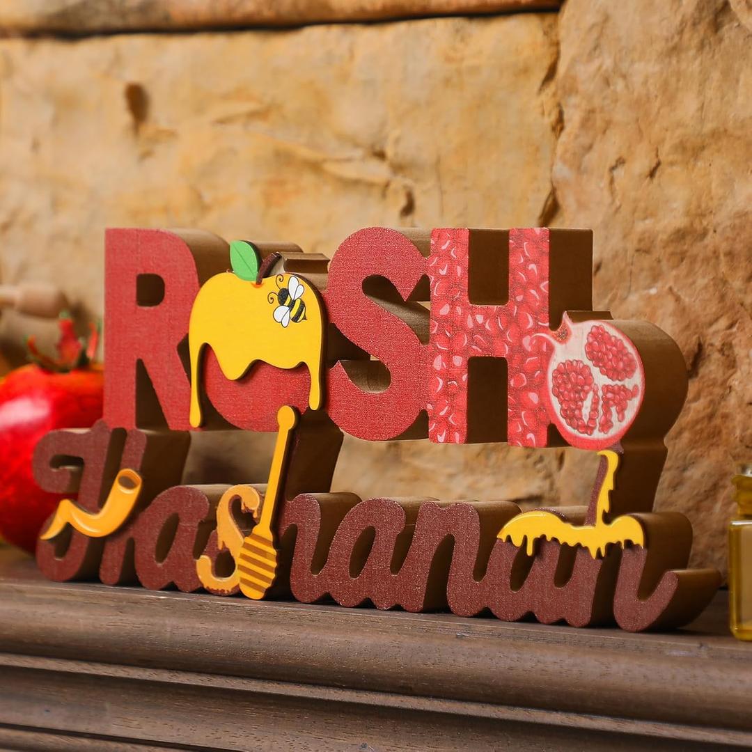 Yousoontic Wooden Rosh Hashanah Table Decor Jewish New Year Centerpiece Decoration 3D Shana Tova Wooden Tabletop Signs and Centerpiece for Farmhouse Home Party Supplies