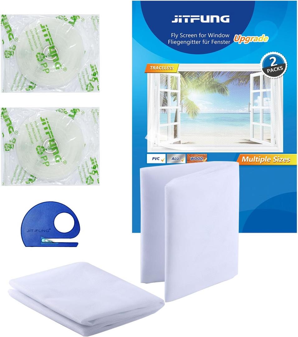 DIY Window Screen Curtain, 2 Packs of Mesh Netting 51 * 61 inches with [Upgrade] Self-Adhesive Hook Tapes & Cutter, Suitable for Multiple Windows, White (Set of 2), 130*155cm