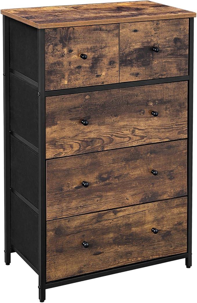 SONGMICS Drawer Dresser, Storage Dresser Tower with 5 Fabric Drawers, Wooden Front and Top, Industrial Style Dresser Unit, for Living Room, Hallway, Nursery, Brown and Black ULGS45H, 11.8"D x 22"W x 36.6"H (5 Drawers)