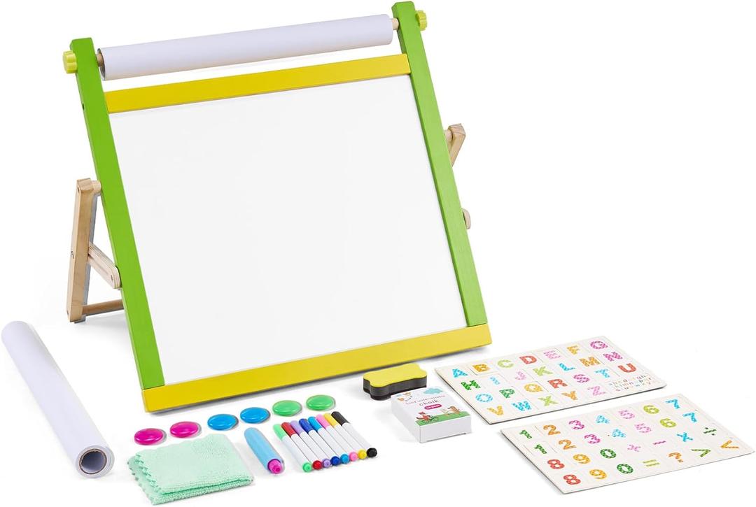 VEVOR Tabletop Art Easel for Kids, 3-in-1 Wooden Double-Sided Kid's Art Easel with Magnetic Whiteboard, Chalkboard, Paper Roll, Foldable Portable Drawing Board with Painting Accessories for Boys Girls