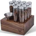 Single Dose Coffee Bean Storage Tubes Espresso Bean Cellar 12pcs One-Way Exhaust Valve Lids Glass Dosing Vials With Walnut Stand & Stainless Steel Funnel