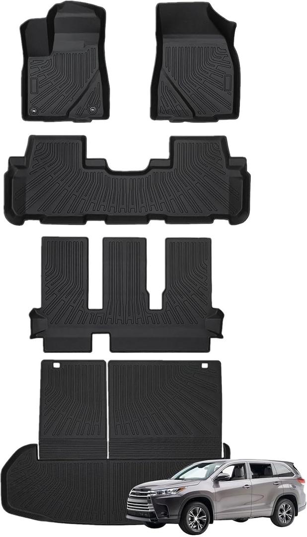 Floor Mats & Cargo Liner Fit for Toyota Highlander 7-Passenger 2014-2019 | 2nd Row Captain Chairs, Not 8-Seat Bench | All Weather TPE 3 Rows + Trunk Full Set 5PCS Waterproof