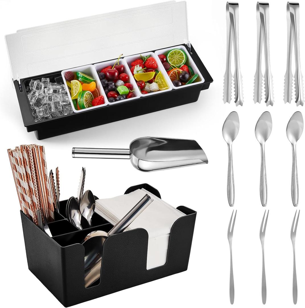 Tessco for you Garnish Tray with Lid Bar Caddy Ice Cooled Condiment Serving Container with Ice Scoop Metal Mini Serving Tongs Fruit Fork Spoons for Food Home Party Kitchen(Plastic,5 Grids)