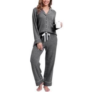 Women's Pajama Sets Long Sleeve Button Down Soft Knit Sleepwear Pjs 2 Piece Lounge Set (Large, Lake Dark Grey)