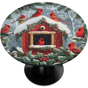 Round Fitted Tablecloth with Elastic, Christmas Winter Cardinal Holly Round Tablecloths Wipeable Waterproof Table Cover Indoor Outdoor Circle Cover for Dining Kitchen Patio Camping Picnic, 40"-44"