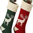 Guojanfon Christmas Stockings,Big Size 2Pack 18-Inch Extra Long Hand-Knitted Red/Green Reindeer Snowflakes Xmas Character for Family Holiday Season Decor