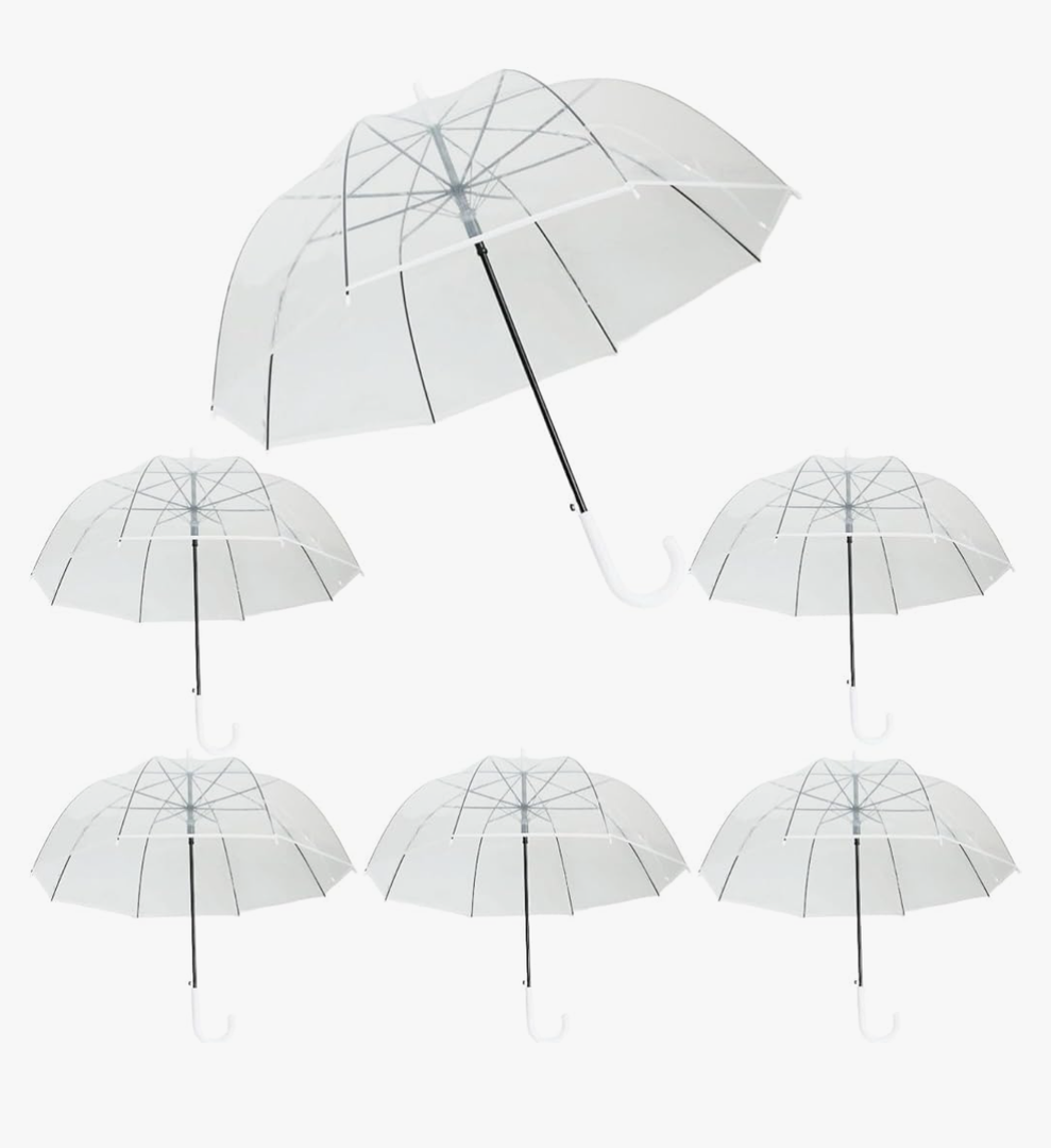 6 Pcs Clear Bubble Umbrella,47 inch Large Canopy Transparent Dome Coverage Stick Umbrella for Wedding,J Hook Handle Outdoor Umbrella for Women Adult