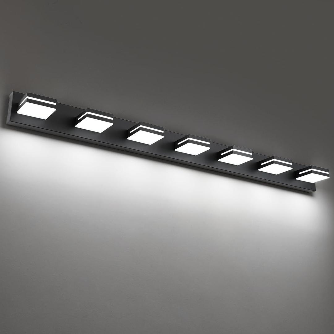 SineRise LED Modern Bathroom Vanity Light Fixtures (7-Light, 55-Inch), Matte Black Modern Acrylic Bathroom Wall Lighting Fixtures Over Mirror (Cool White 6000K) (Matte Black- Non-dimmable)