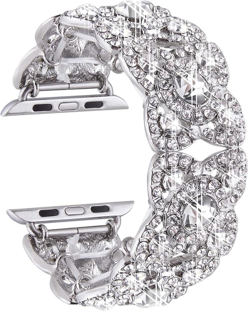 VIQIV Bling Bands for Compatible with Apple Watch 38/40/42/44/41/45/46/49mm Ultra Iwatch Series 11 10 9 8 7 6 5 4 3 SE SE2, Diamond Rhinestone Stainless Steel Metal Bracelet Wristband Strap for Women (Silver)