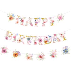 2 x Wildflower Birthday Decorations for Girls - 3 Pcs Wildflower Happy Birthday Banner Decoration Party Supplies, Garland Flower Party Decor for Women Girl