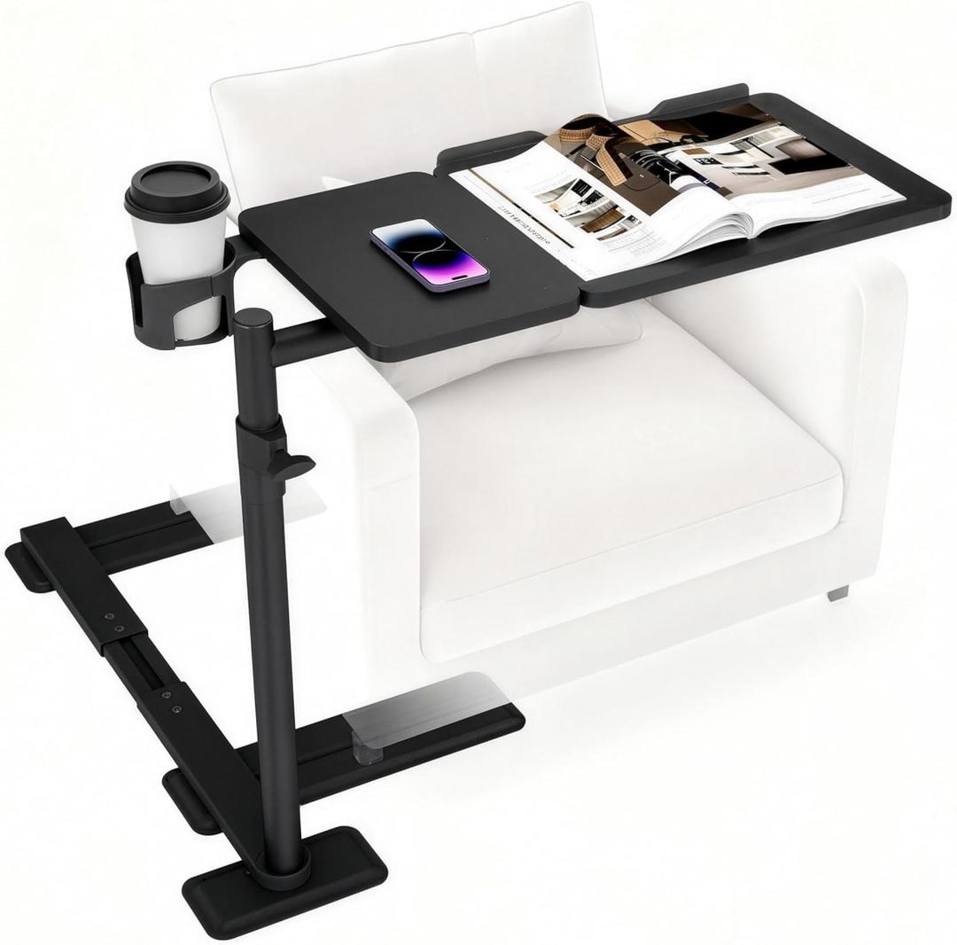 Height Adjustable OverCouch Armrest Table Tray  Tilting Top Swivel Table for Recliner, Sofa, Laptop, Slide Under Side Table for Eating, Reading, Snacking, Recovery Use (Black)