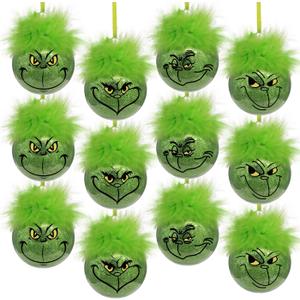 Christmas Decorations Indoor: 12pcs Cute Green Elf Christmas Tree Ornaments with Fuzzy Hair, Hanging Thief Monster Xmas Balls for Tree Fireplaces Garland, Kids Home School Office Decor