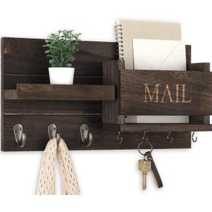Mail Organizer for Wall Mount  Key Holder with Shelf Includes Letter Holder and Hooks for Hallway Farmhouse Decor  Rustic Wood with Flush Mounting Hardware (16.5 x 9.1 x 3.4) (Brown)