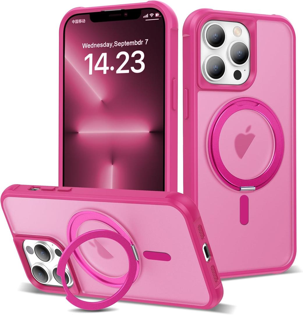 For iPhone 13 Pro Case 6.1 Inches 360Rotatable Magnetic Ring Invisible Stand,[Compatible with Mag-Safe] Military Shockproof Frosted Translucent Case, Hot Pink