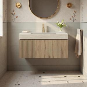 36" Bathroom Vanity with Sink, Wall-Mounted Plywood Bathroom Storage Cabinet with Ceramic Basin & Sintered Stone Countertop, Modern Pre-Assembled Floating Vanity with Drawer & Door, Oak